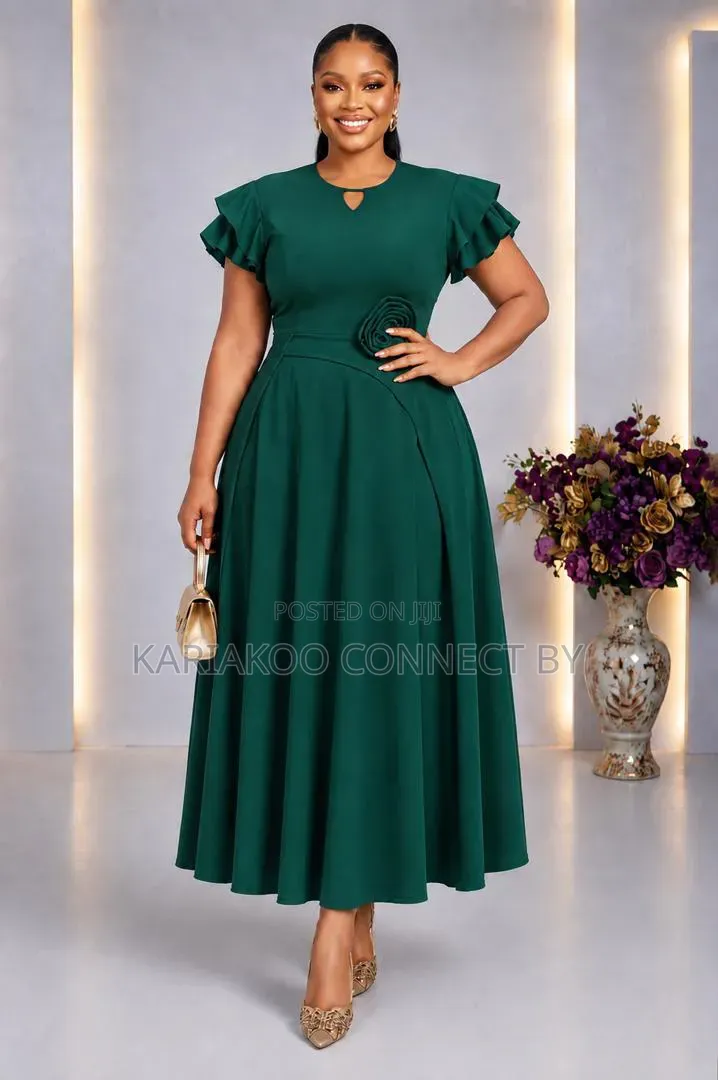 Elegant Floral Detail Ruffle Sleeve a-Line Midi Dress Collection