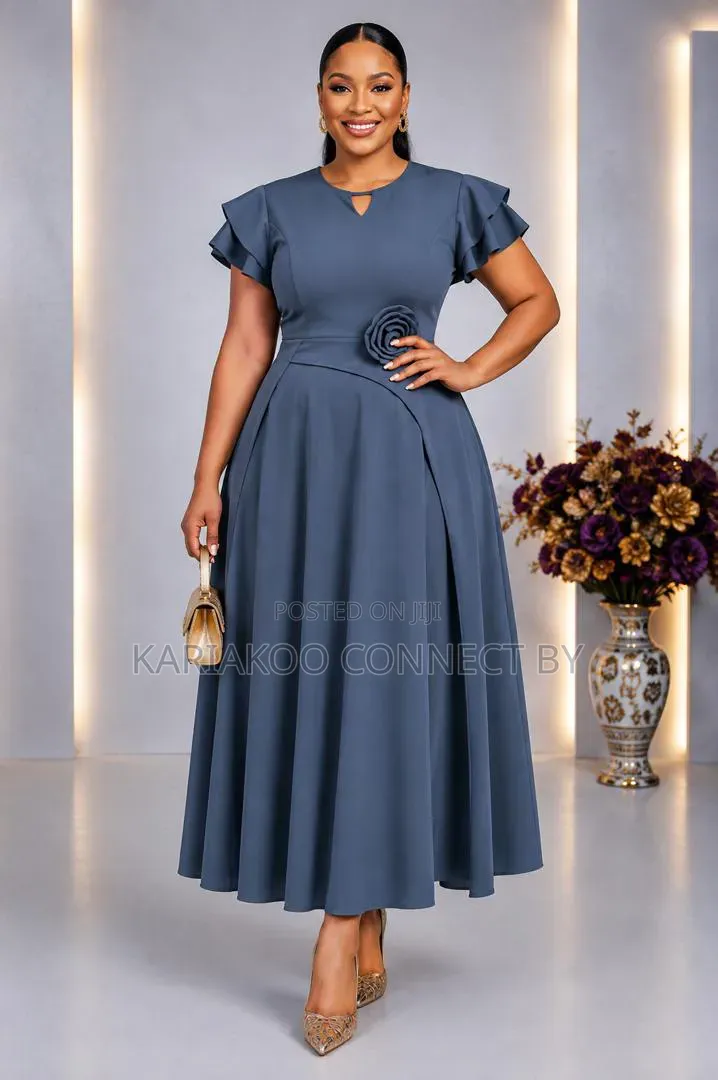 Elegant Floral Detail Ruffle Sleeve a-Line Midi Dress Collection
