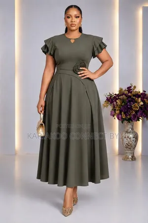 Elegant Floral Detail Ruffle Sleeve a-Line Midi Dress Collection
