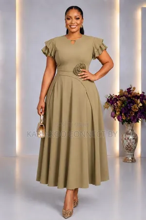 Elegant Floral Detail Ruffle Sleeve a-Line Midi Dress Collection