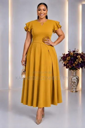 Elegant Floral Detail Ruffle Sleeve a-Line Midi Dress Collection