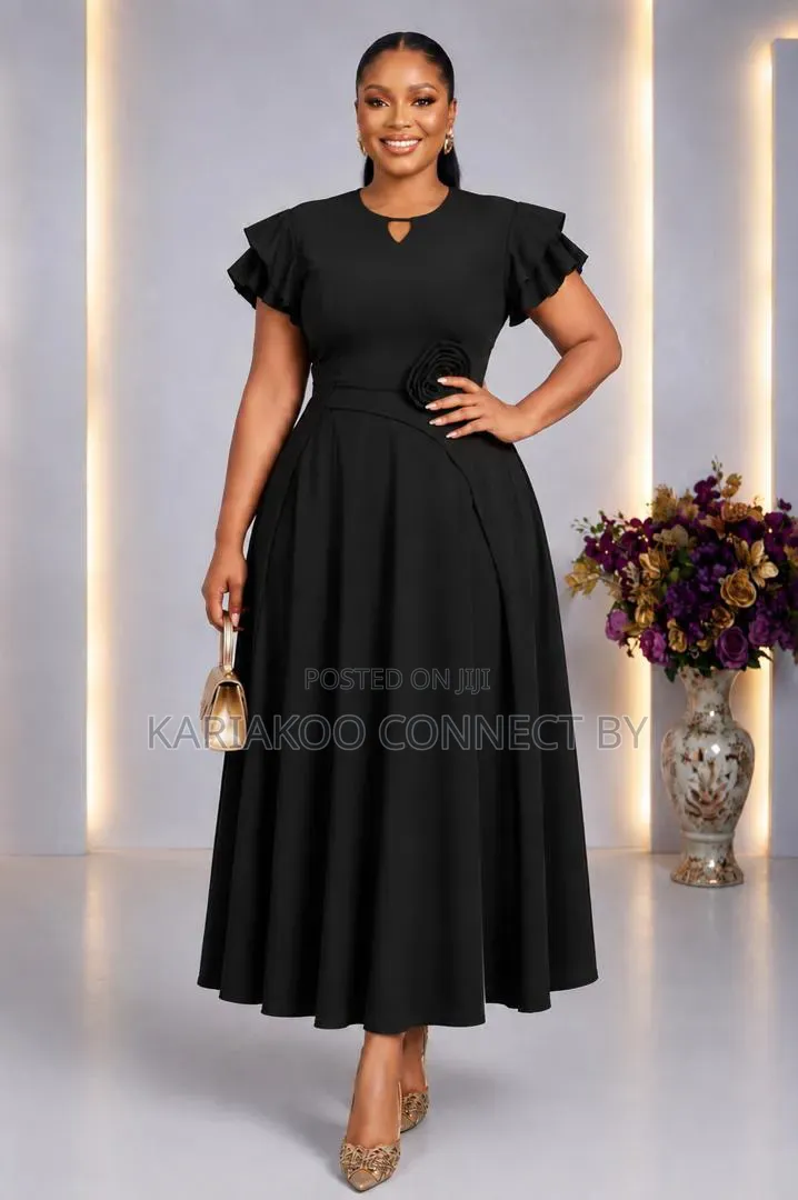 Elegant Floral Detail Ruffle Sleeve a-Line Midi Dress Collection