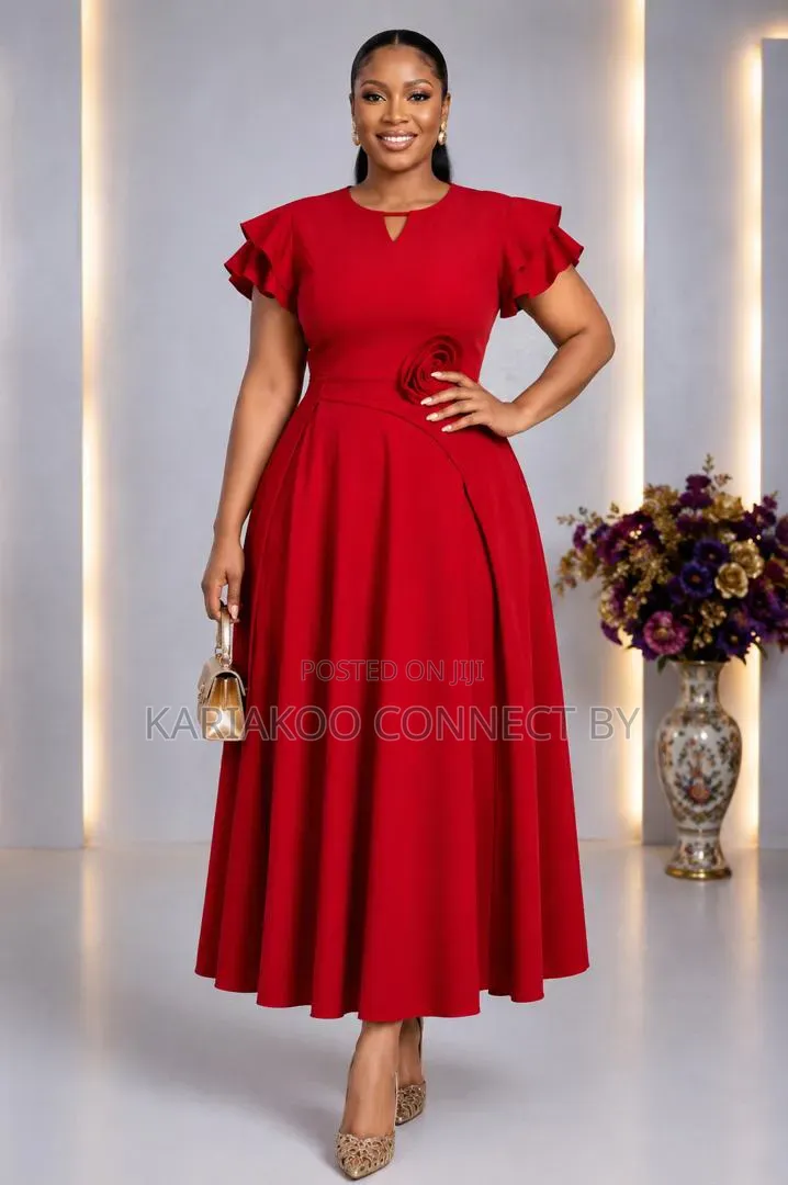Elegant Floral Detail Ruffle Sleeve a-Line Midi Dress Collection