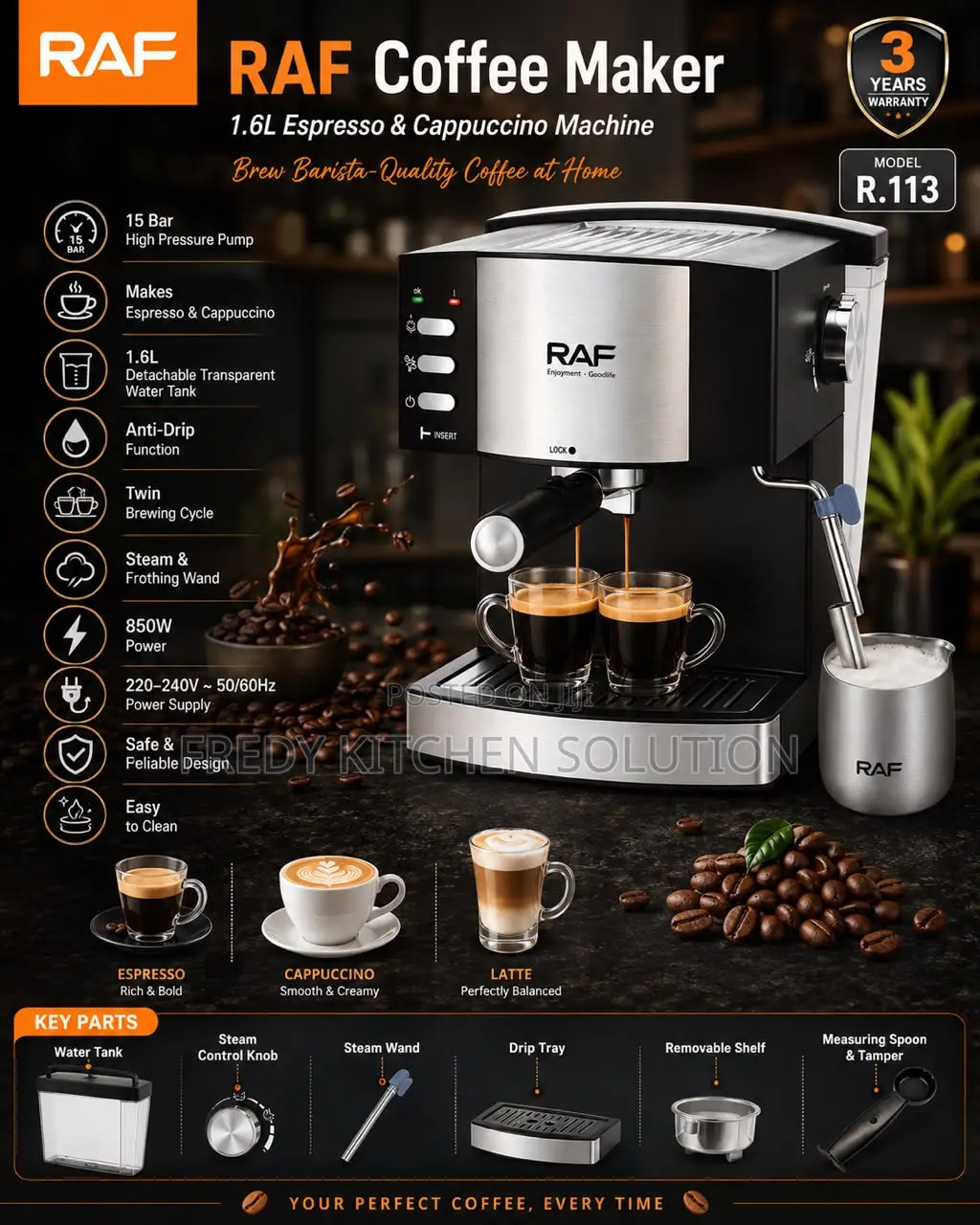 * RAF COFFEE MAKER – Model R.113* 1.6L Espresso & Cappuccino Machi