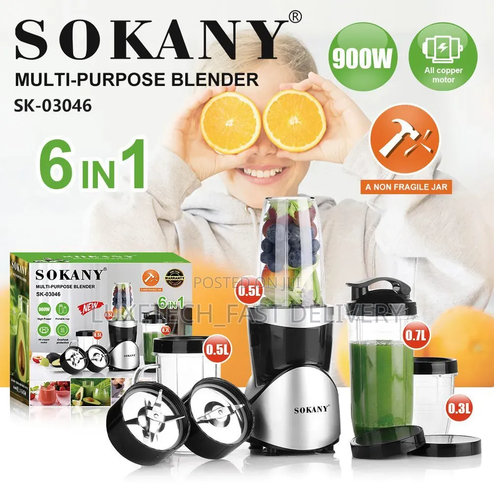 Sokany SK-03046 6-in-1 Multi-Purpose Blender 900W – Portable Blender