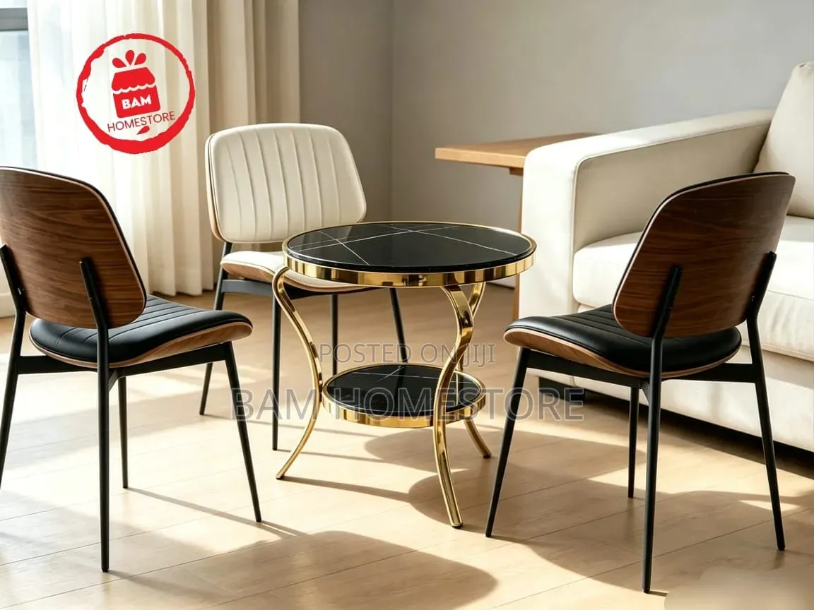 Modern Round Coffee Table Set / Marble-Pattern Accent Table + 3 Chairs