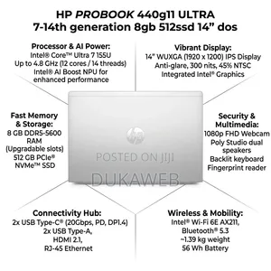 New Laptop HP ProBook 460 G11 8GB Intel Core Ultra 5 SSD 512GB