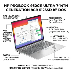 New Laptop HP ProBook 460 G11 8GB Intel Core Ultra 7 SSD 512GB