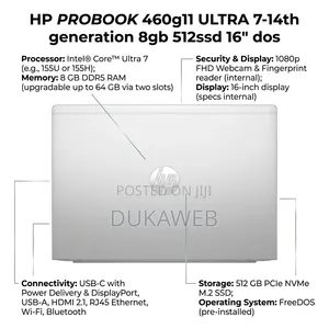 New Laptop HP ProBook 460 G11 8GB Intel Core Ultra 7 SSD 512GB