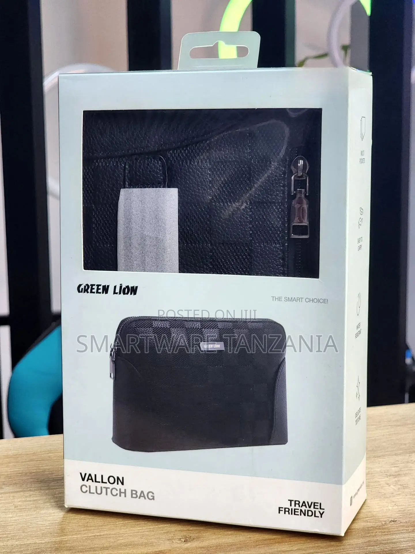 Green Lion Vallon Clutch Bag, Travel Friendly, Soft Leather, Black