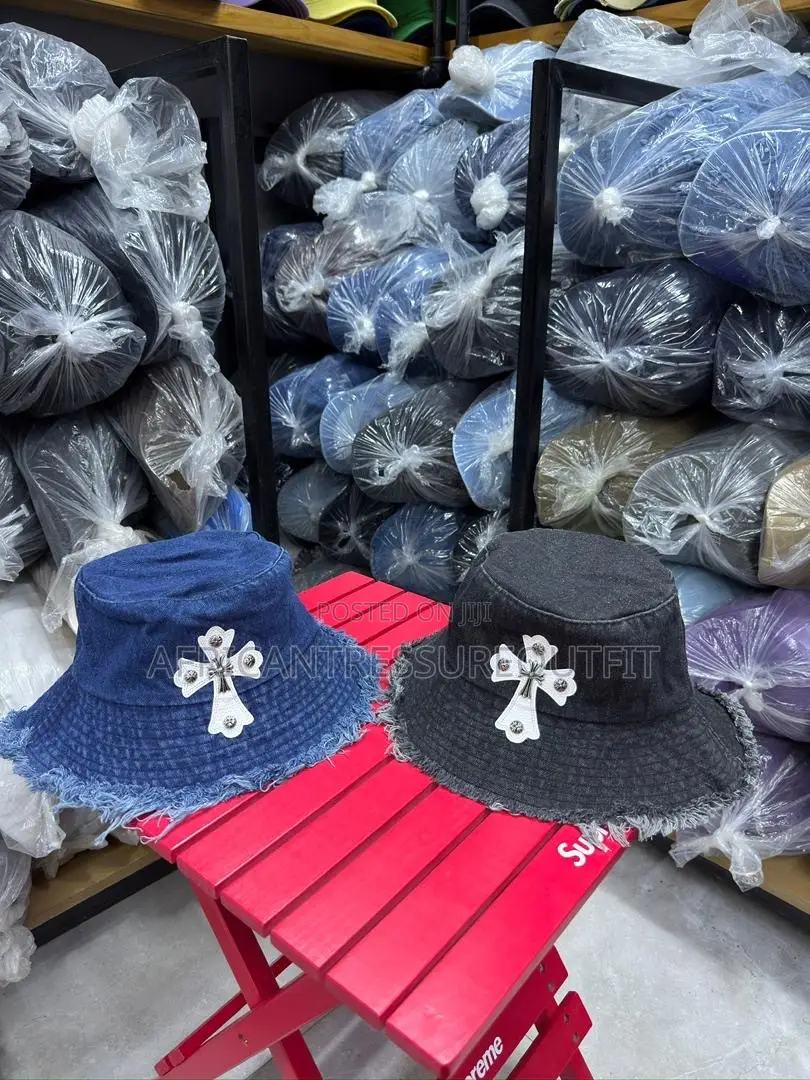 Loewe Denim Buckets Hats Feature a Prominent White Logo Patch on Front