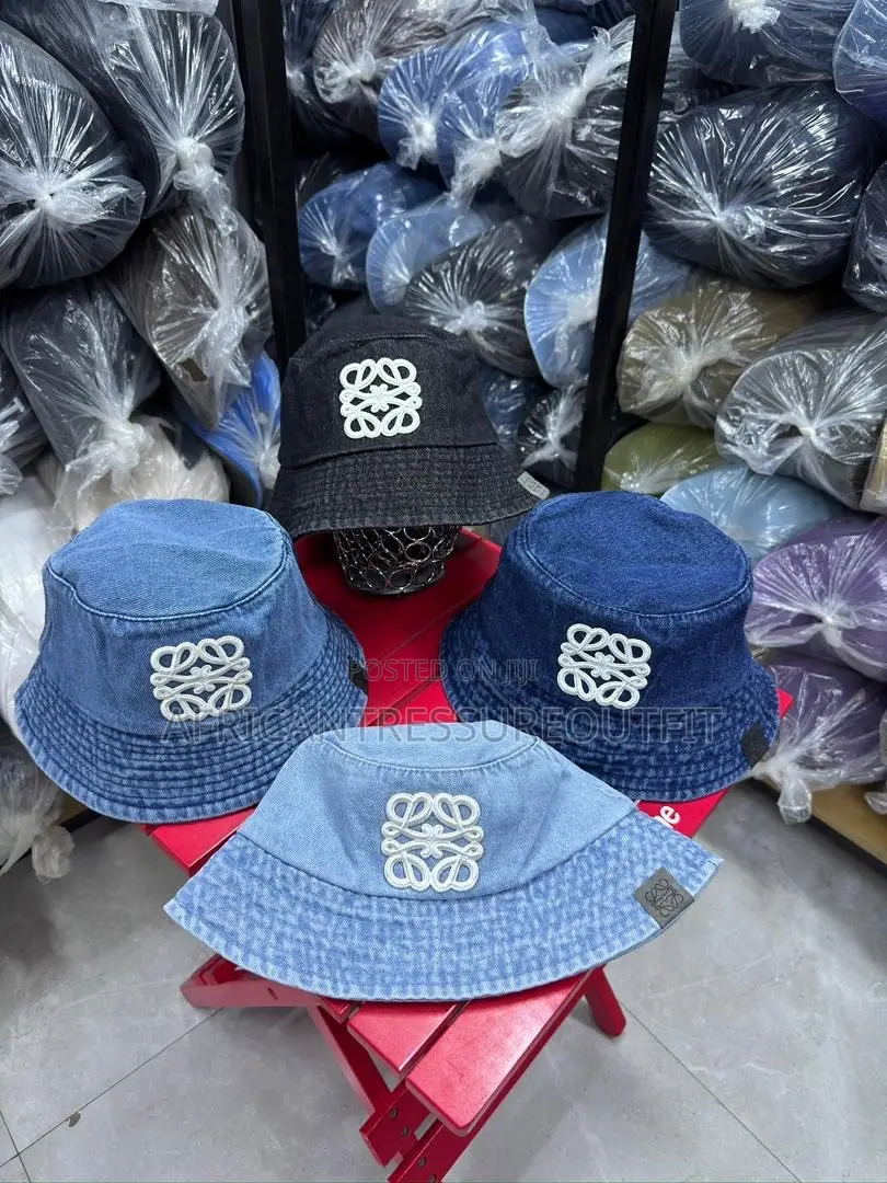 Loewe Denim Buckets Hats Feature a Prominent White Logo Patch on Front