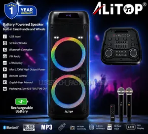 ALiTOP 120W Rechargeable Party PA Speaker – With 2 Wireless Mics