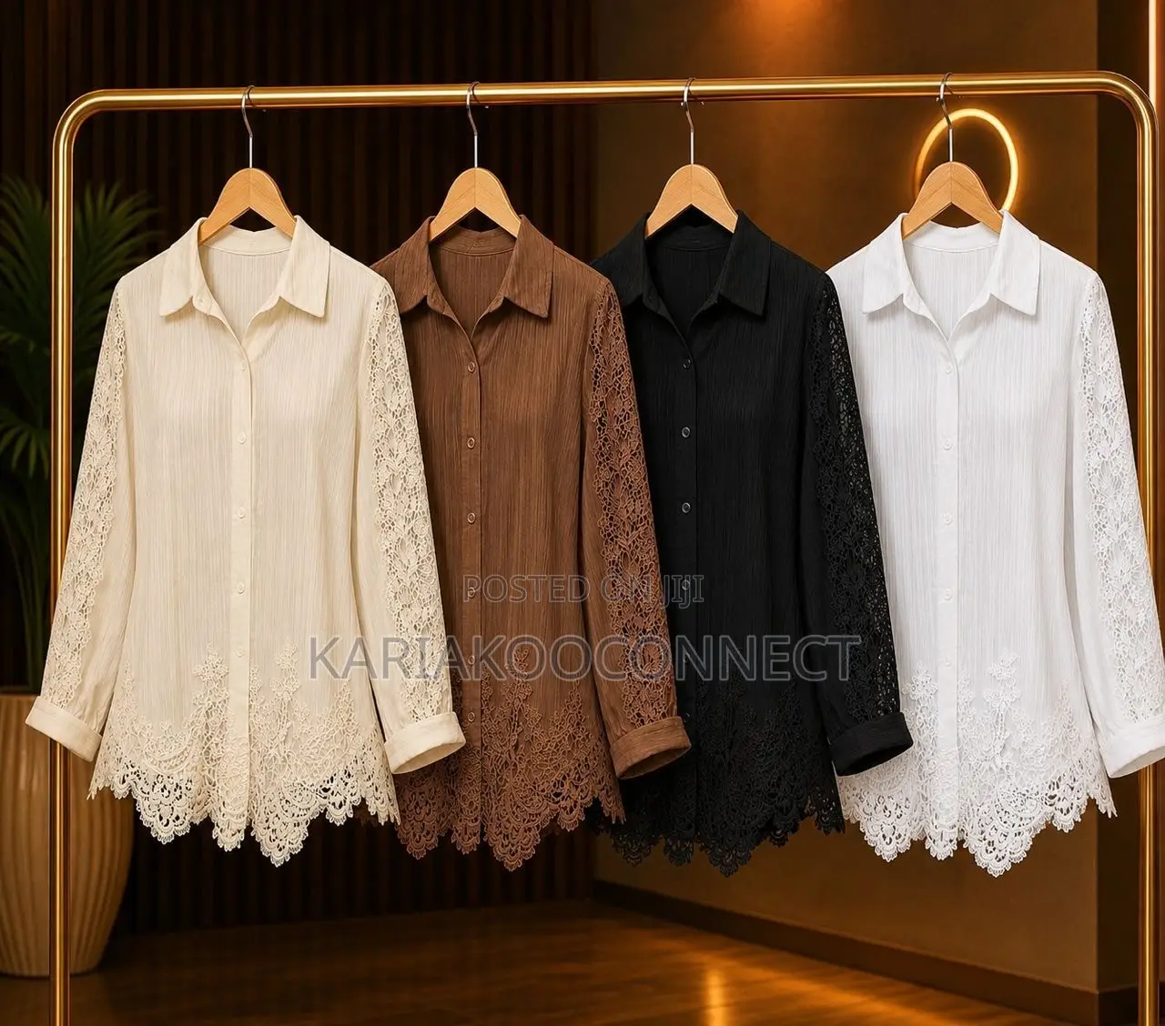 Crochet Lace-Sleeve Button-Down Tunic Shirt
