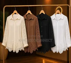 Crochet Lace-Sleeve Button-Down Tunic Shirt