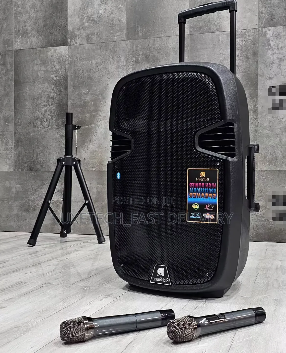 RichSound 15" Portable Rechargeable Party Speaker With 2 Wireless Mic