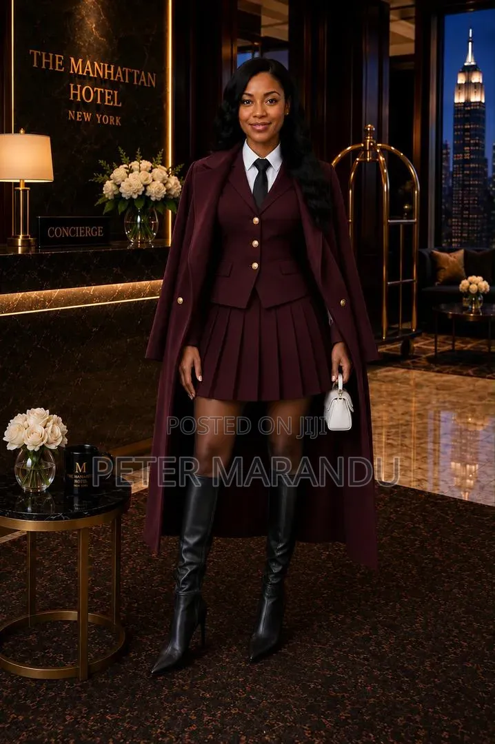 Suti Kali Ya Kike 3-Piece (Sketi Ya Rinda, Koti & Overcoat Refu)