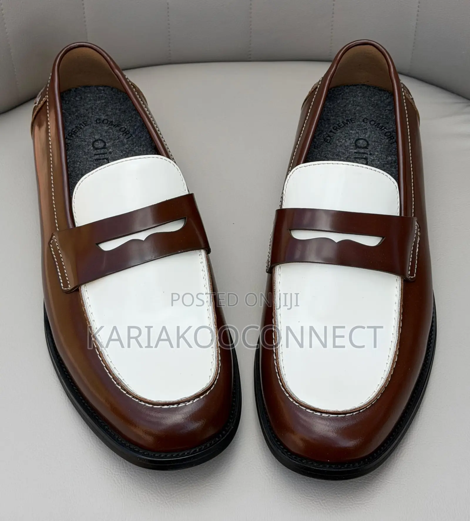 Two-Tone Brown & White Leather Penny Loafers