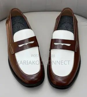 Two-Tone Brown & White Leather Penny Loafers