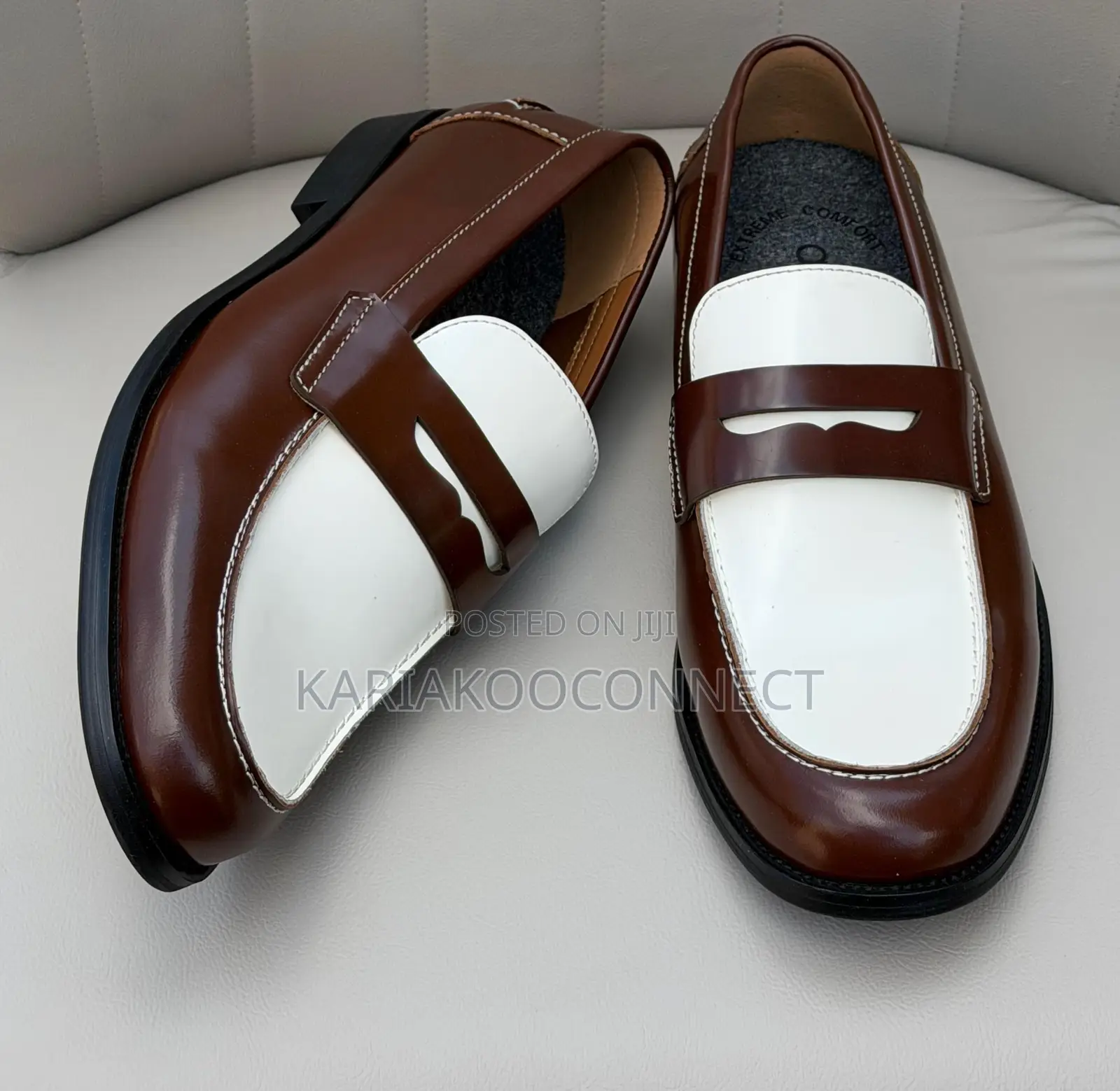 Two-Tone Brown & White Leather Penny Loafers