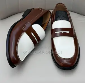 Two-Tone Brown & White Leather Penny Loafers