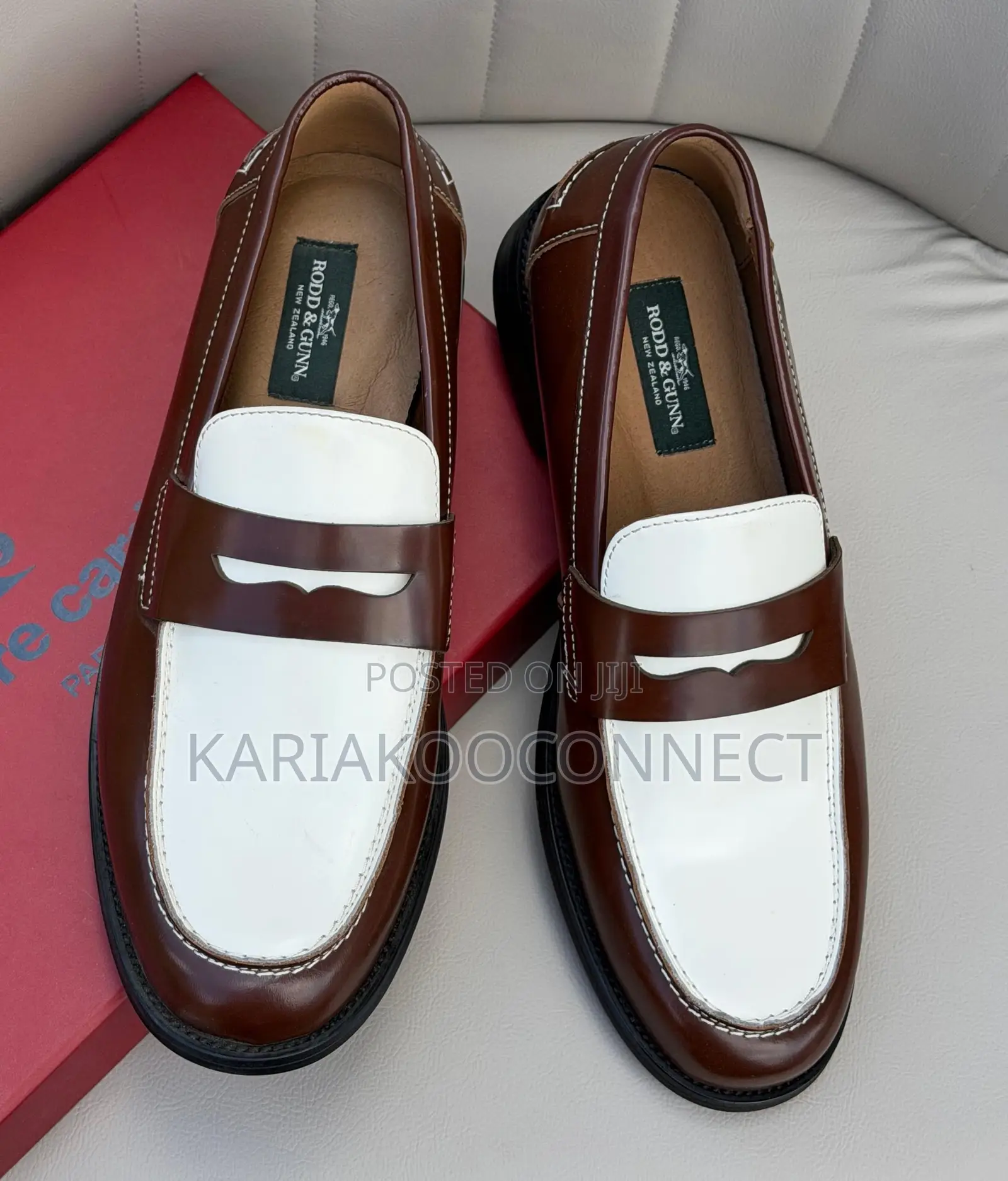 Two-Tone Brown & White Leather Penny Loafers