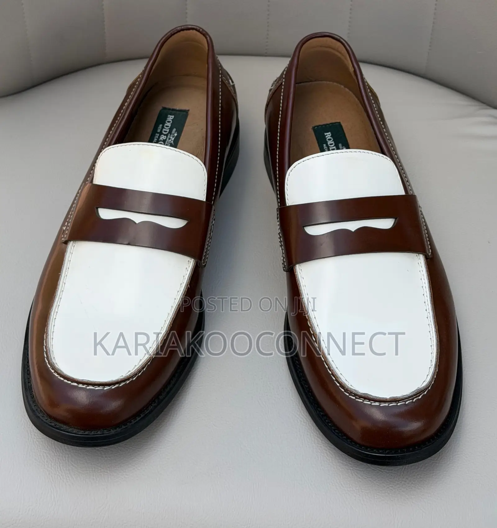 Two-Tone Brown & White Leather Penny Loafers