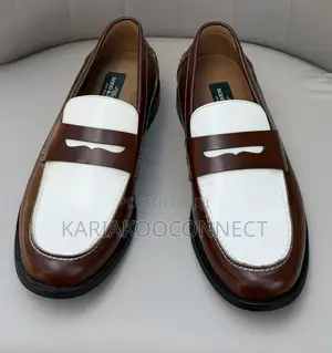 Two-Tone Brown & White Leather Penny Loafers