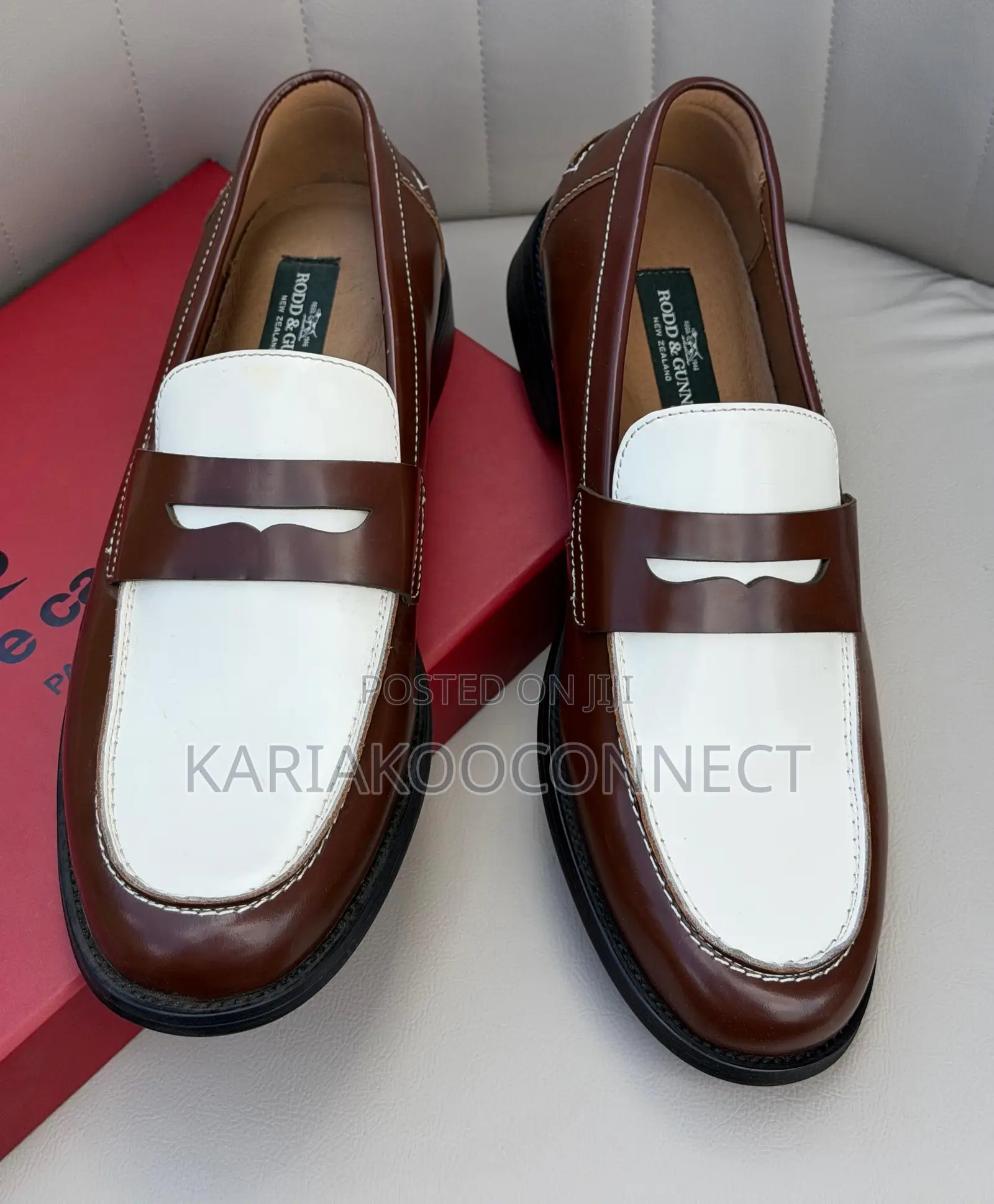 Two-Tone Brown & White Leather Penny Loafers