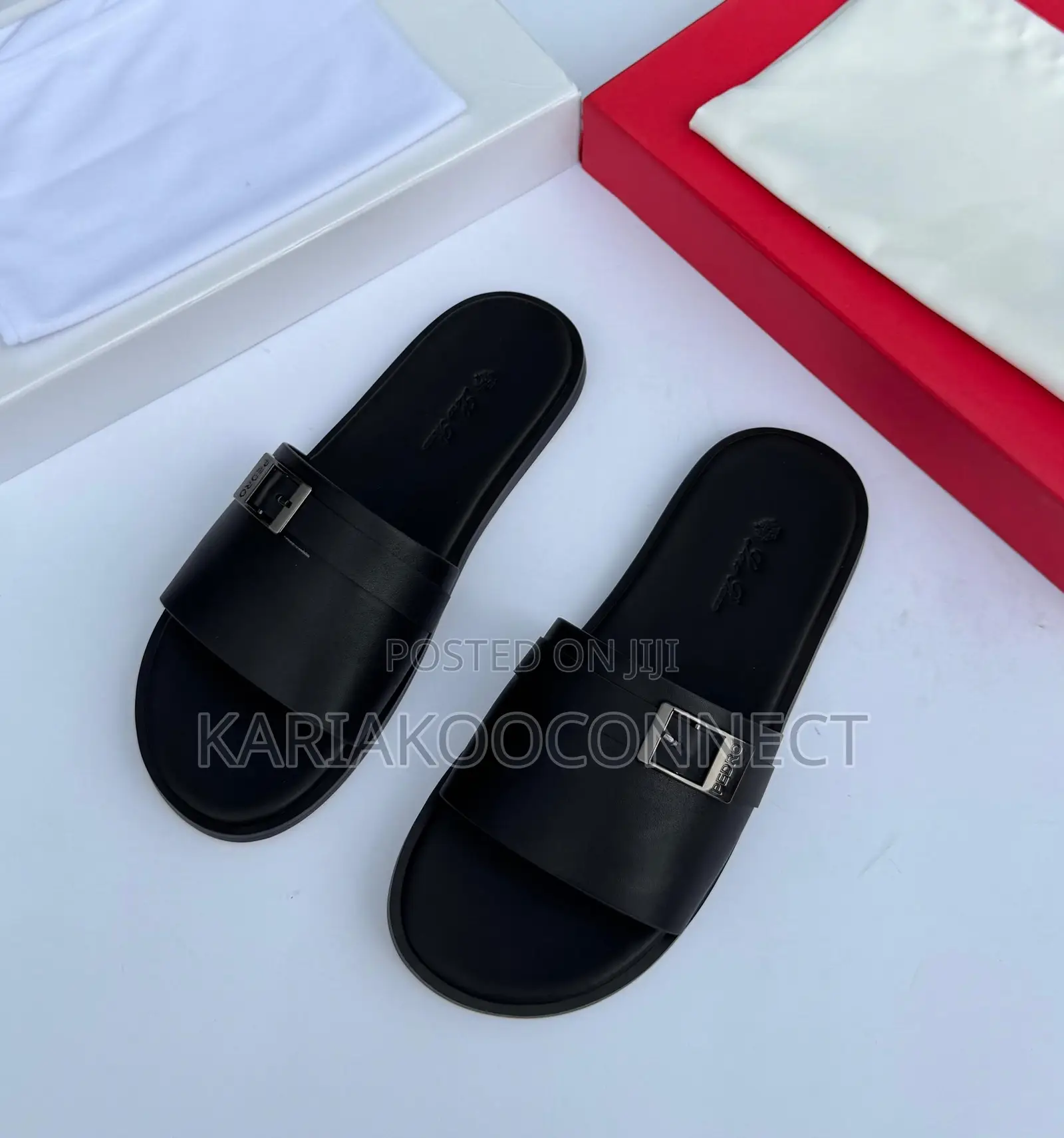 Buckled Slide Sandals — Black & White