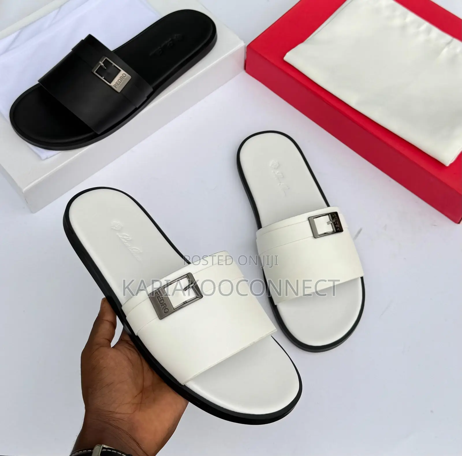 Buckled Slide Sandals — Black & White