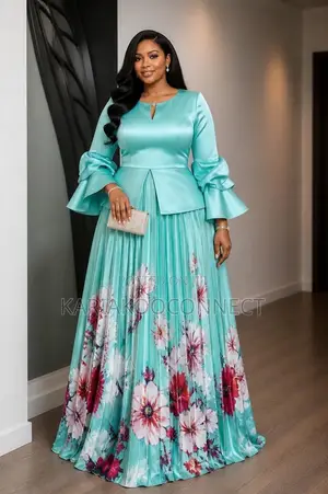 Floral Peplum Bell-Sleeve Evening Gown
