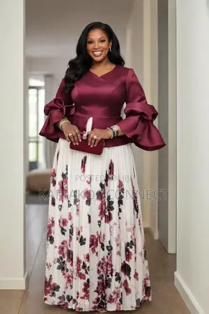 Floral Peplum Bell-Sleeve Evening Gown