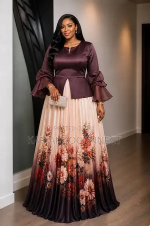 Floral Peplum Bell-Sleeve Evening Gown