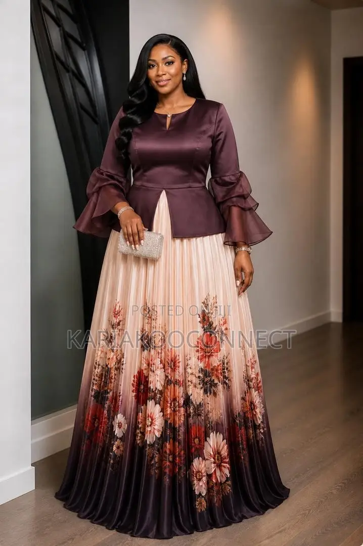 Floral Peplum Bell-Sleeve Evening Gown