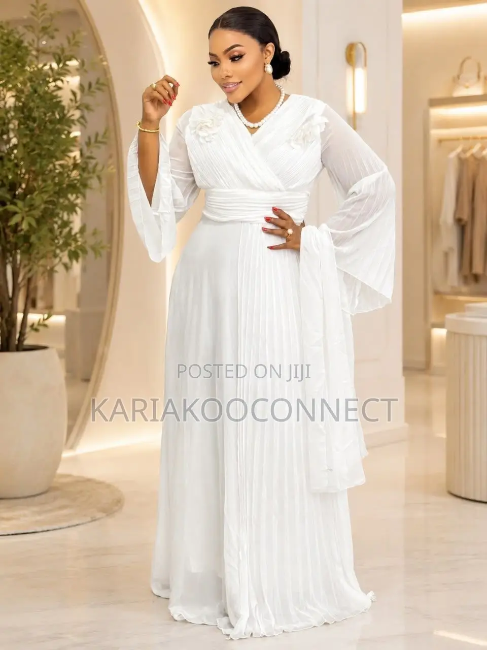 Wrap-Style Bell-Sleeve Chiffon Maxi Gown