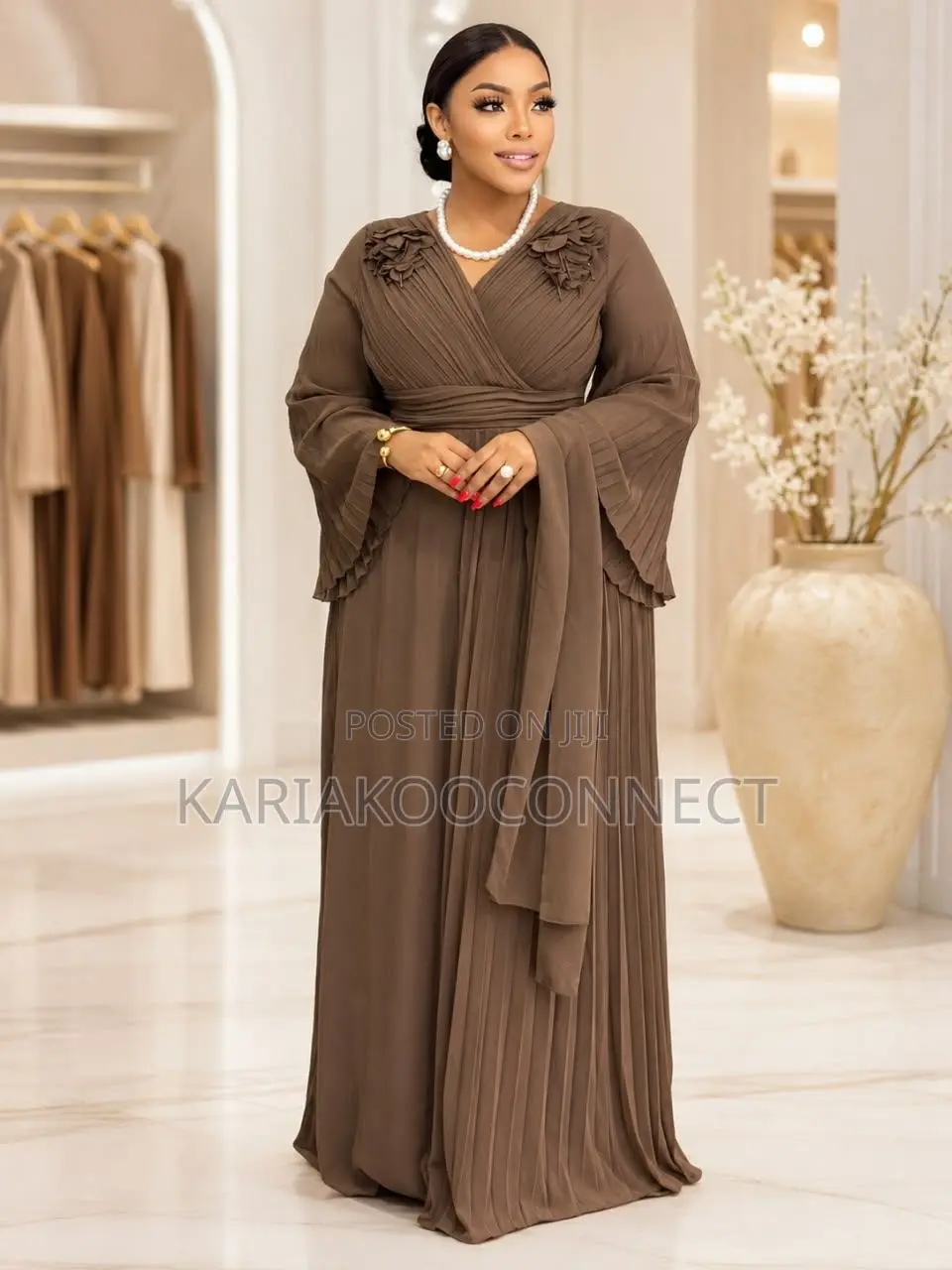 Wrap-Style Bell-Sleeve Chiffon Maxi Gown
