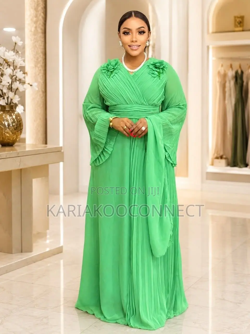 Wrap-Style Bell-Sleeve Chiffon Maxi Gown