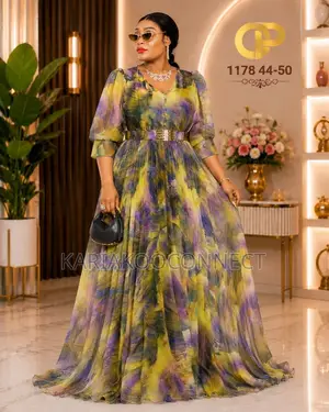 Abstract Print Pleated Chiffon Maxi Dress With Belt