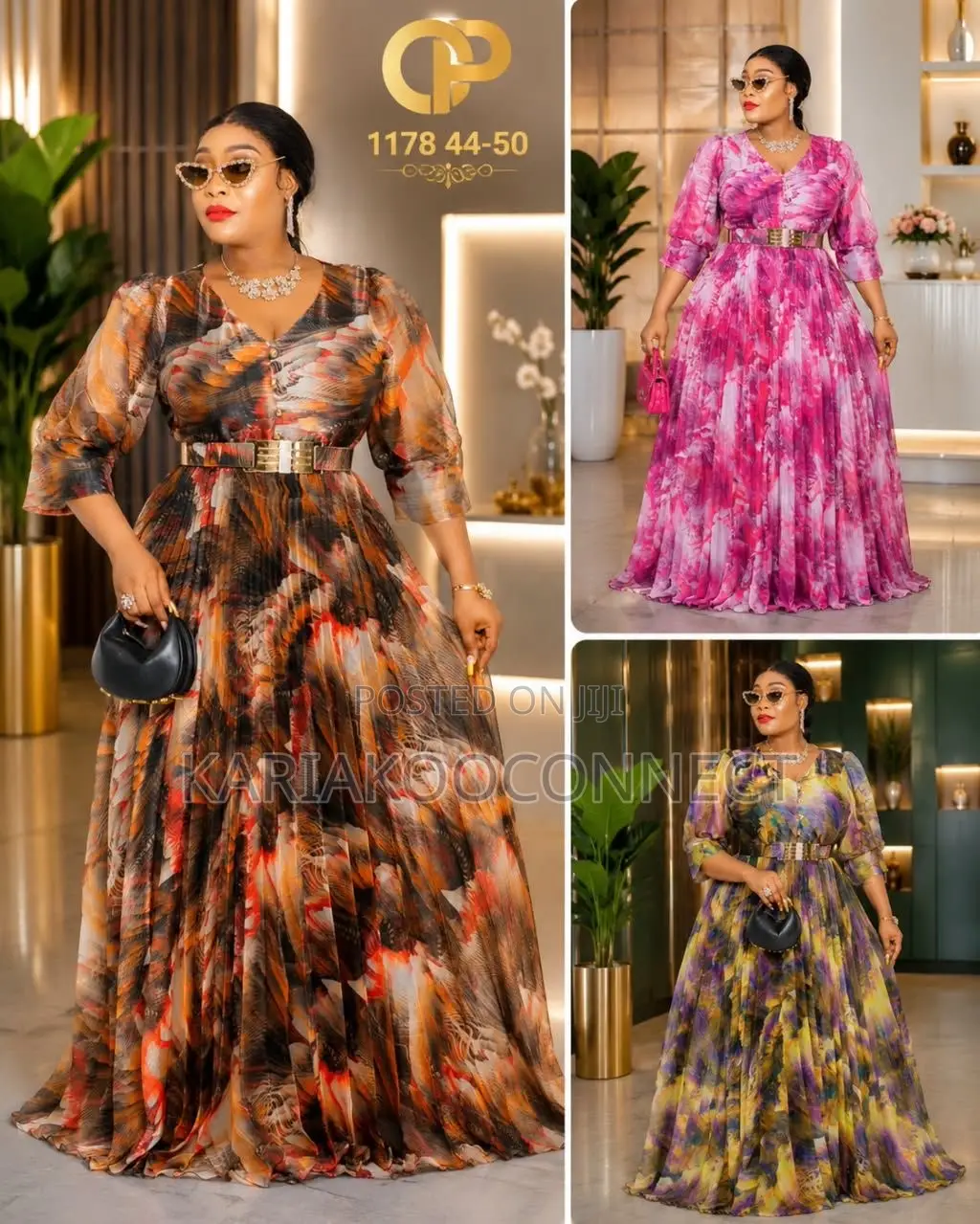 Abstract Print Pleated Chiffon Maxi Dress With Belt