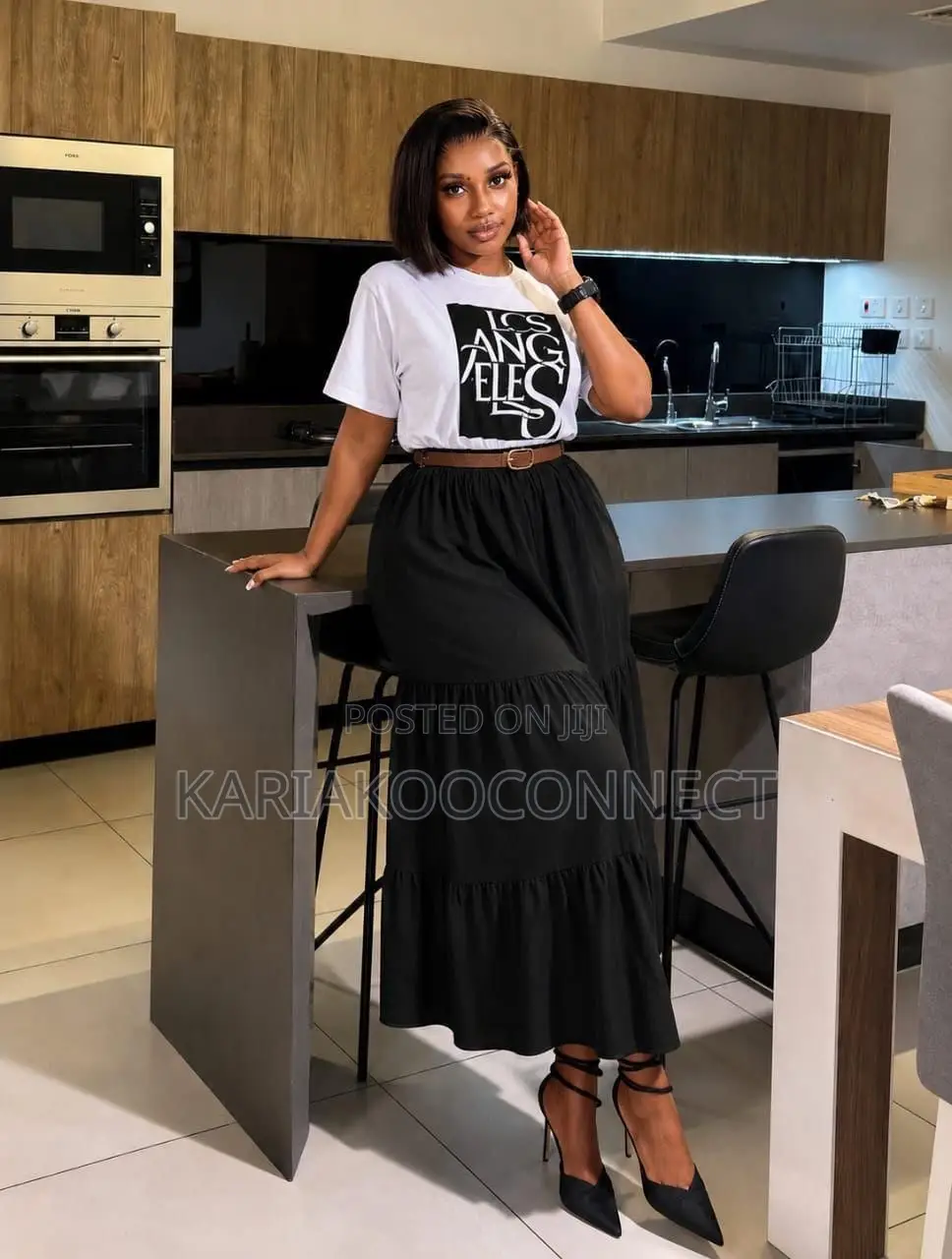 LA” Graphic Tee & Tiered Green Midi Skirt Set