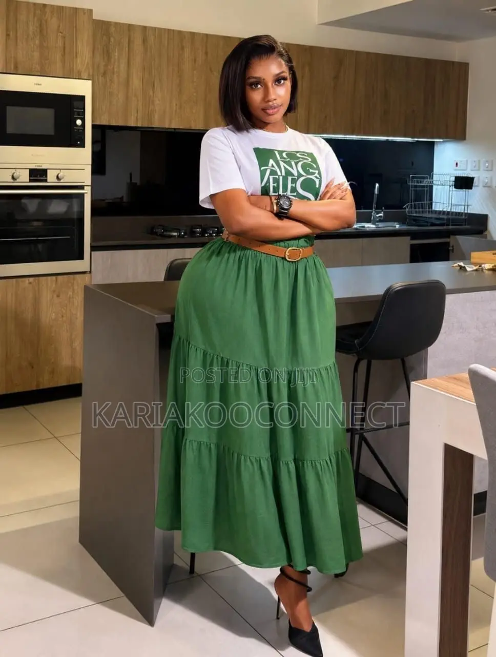 LA” Graphic Tee & Tiered Green Midi Skirt Set