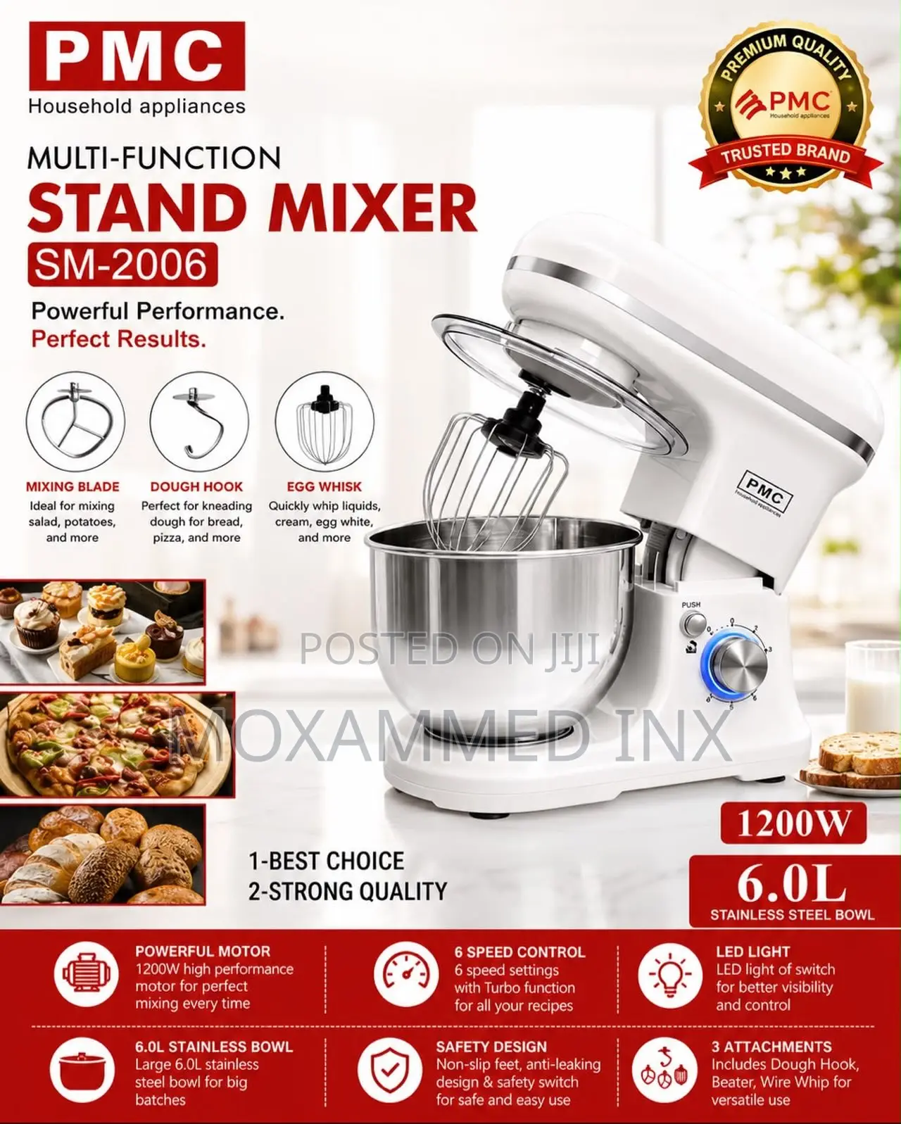 PMC Multi-Function Stand Mixer Sm-2006 – 6.0l | 1200w** Features:*