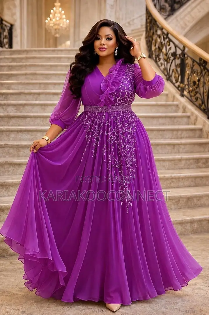 Ruffled Beaded Chiffon Evening Gown