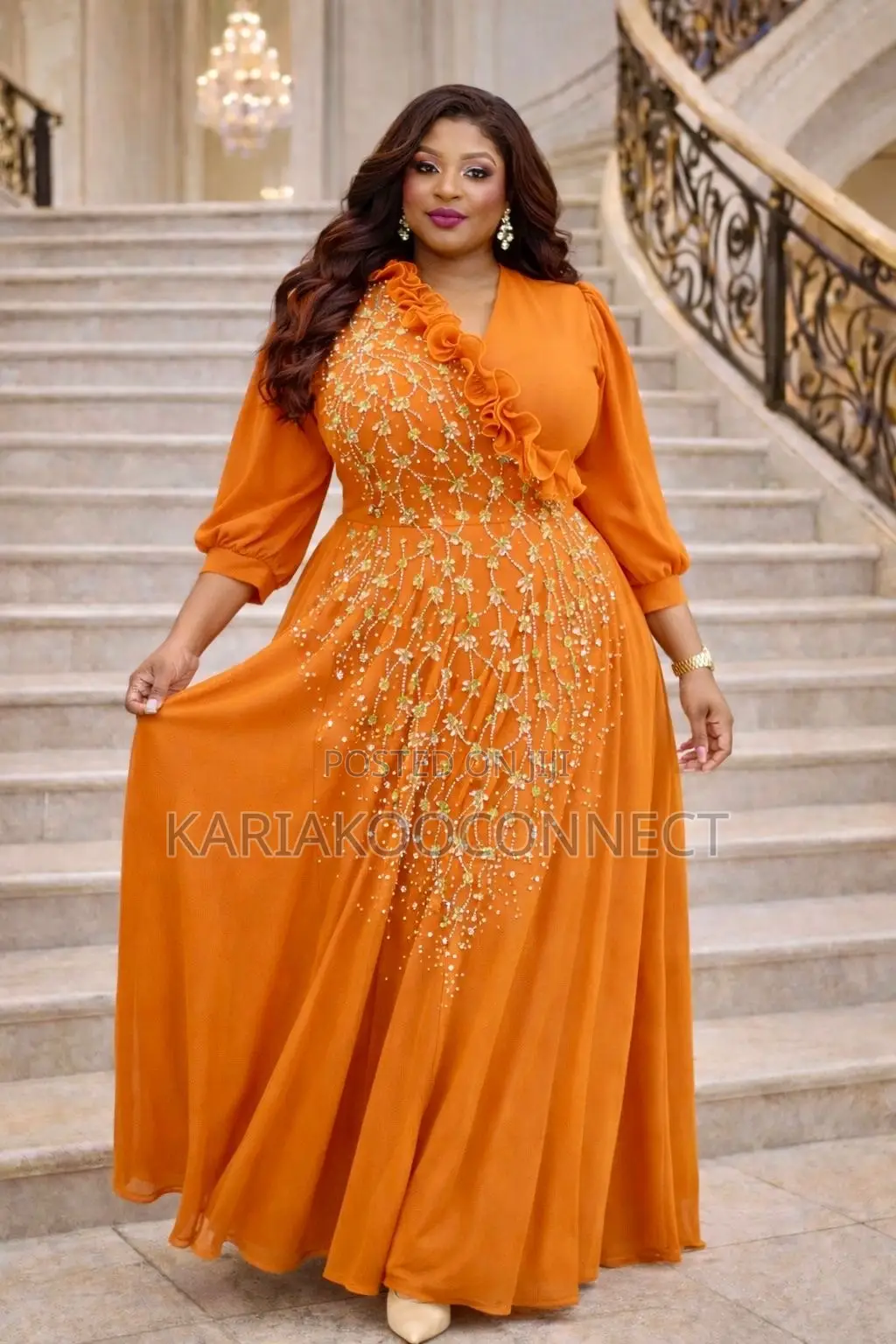 Ruffled Beaded Chiffon Evening Gown