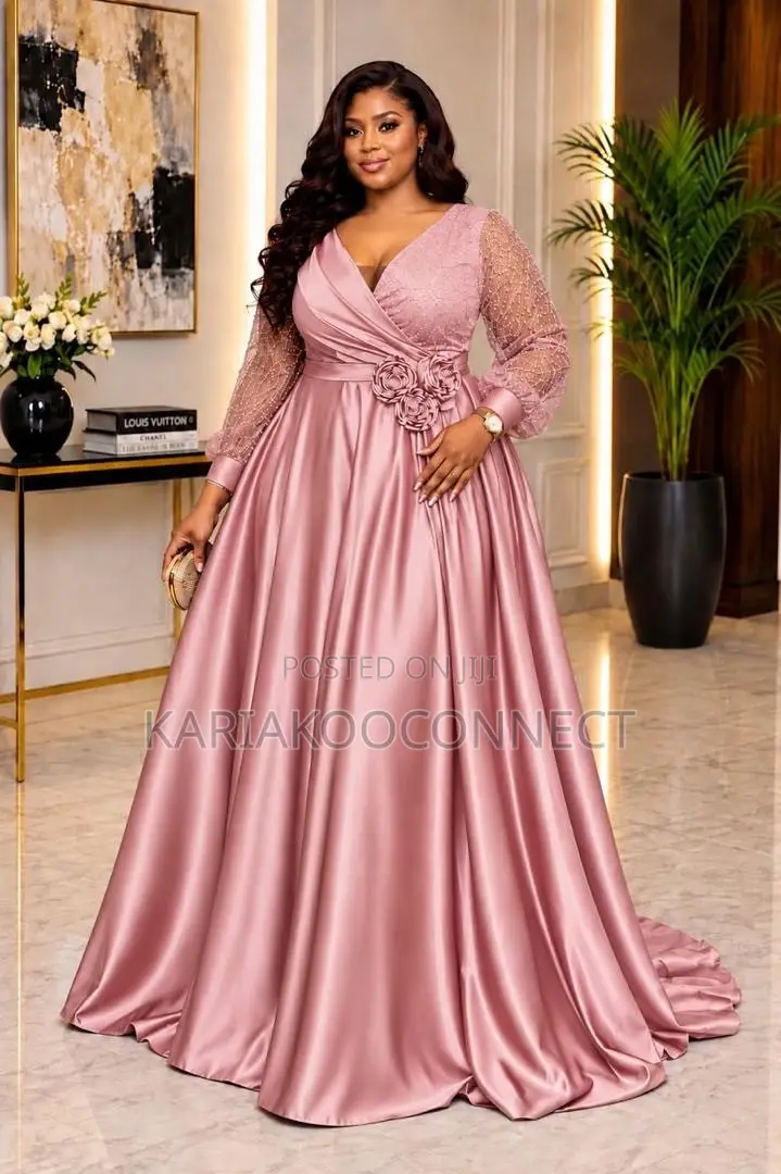 Satin Ball Gown With Lace Sleeves & Floral Waist Detail