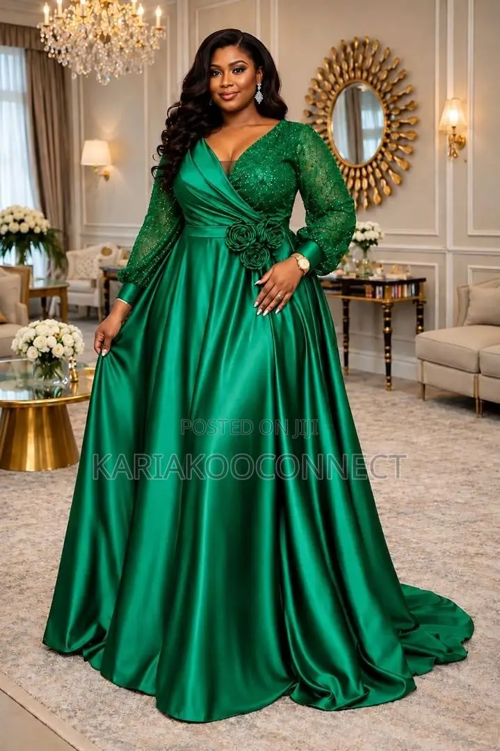 Satin Ball Gown With Lace Sleeves & Floral Waist Detail