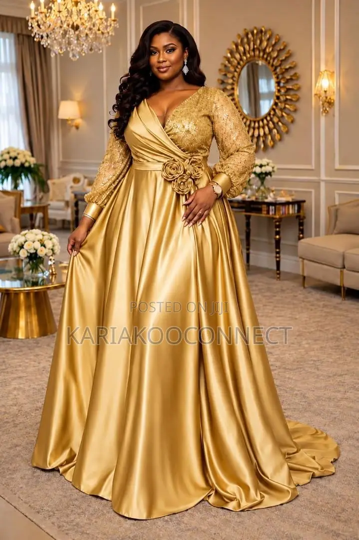 Satin Ball Gown With Lace Sleeves & Floral Waist Detail