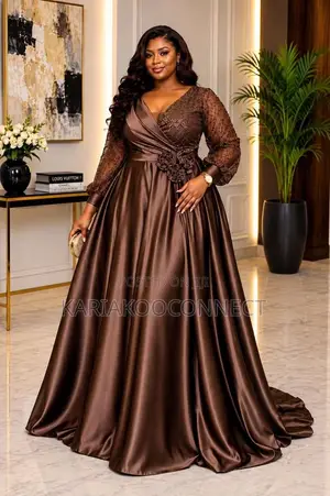 Satin Ball Gown With Lace Sleeves & Floral Waist Detail
