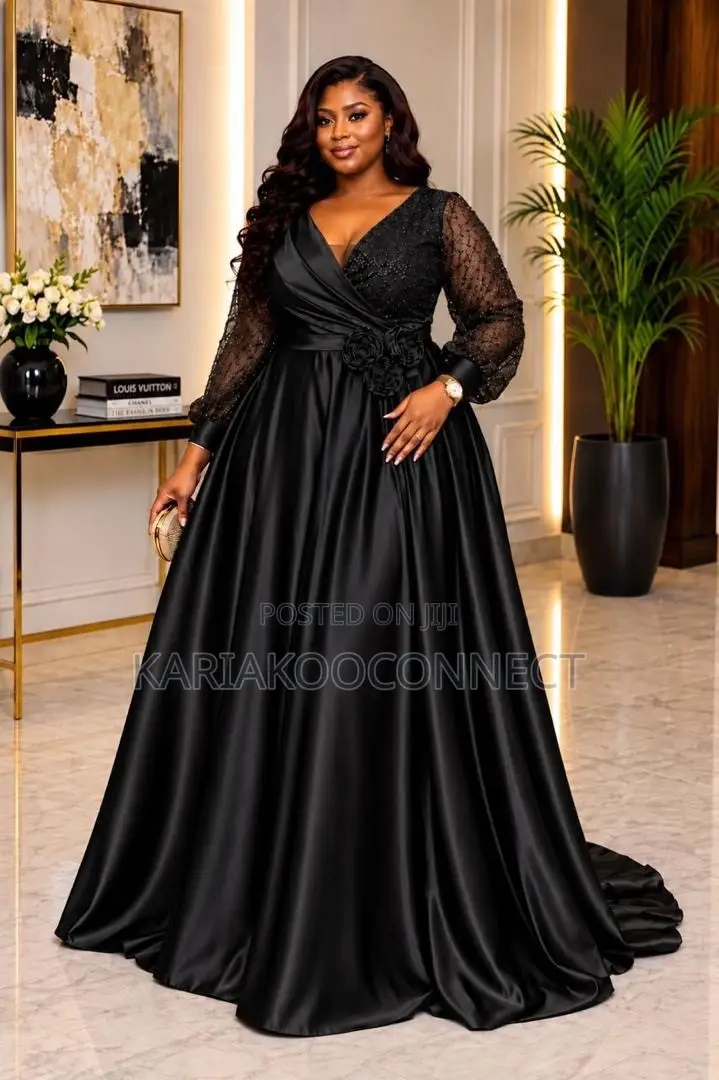 Satin Ball Gown With Lace Sleeves & Floral Waist Detail